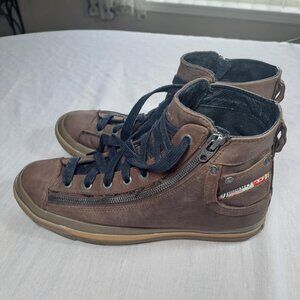 DIESEL EXPO ZIP LEATHER HIGH TOP SNEAKERS BOOTS BROWN SIZE 8